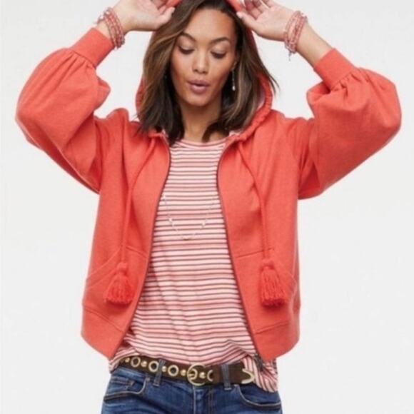 Anthropologie Cabi Deluxe Pom Hoodie Tassel Sweatshirt Jacket Tangerine Size L - Picture 1 of 6